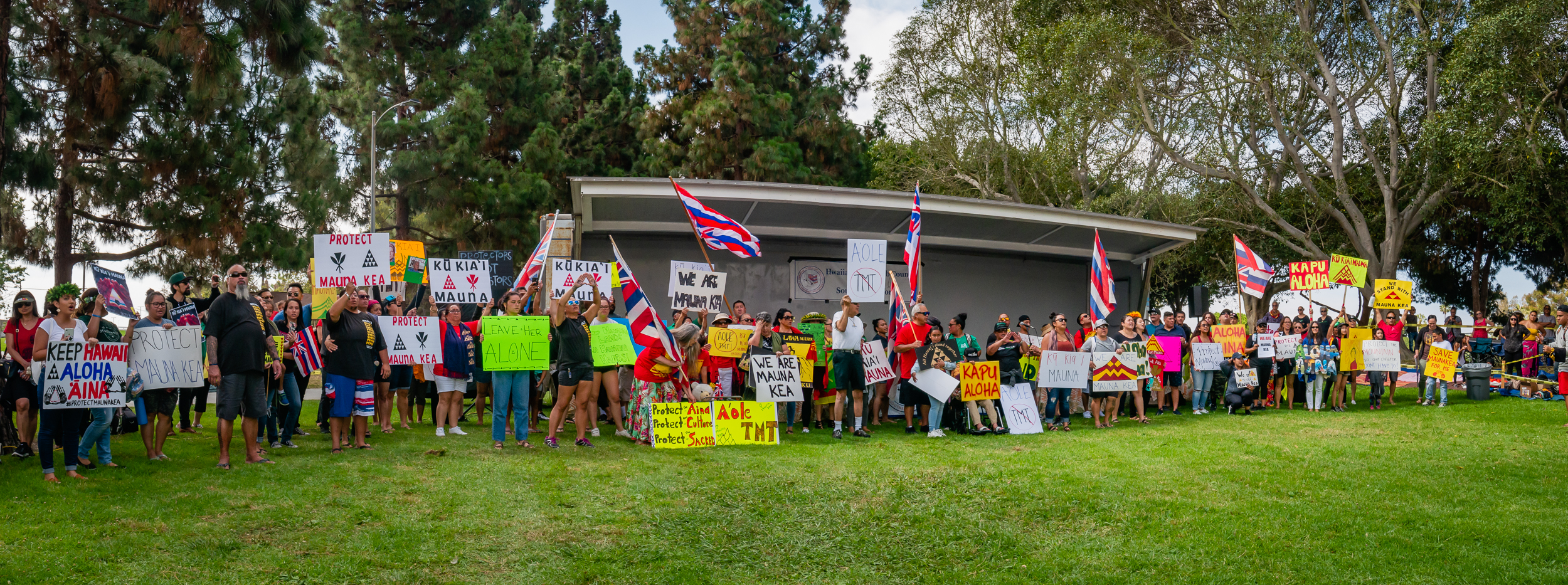 mauna kea protectors gather at Alondra Park in Los Angeles on July 20